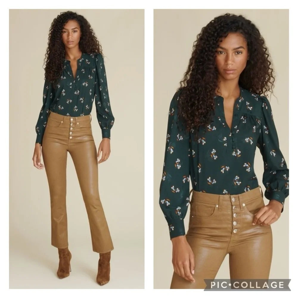 Veronica Beard Forest Green Floral Blouse